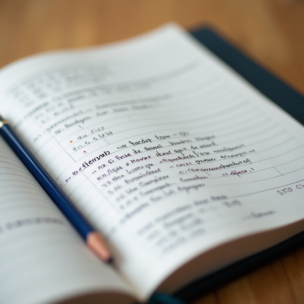 Aufgeschlagenes Notizbuch mit ersten handschriftlichen Finanznotizen